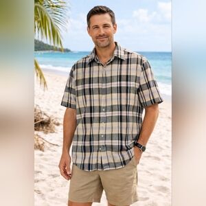 Trader Bay Men's Plaid Linen Button Down Shirt Black/Cream Size L